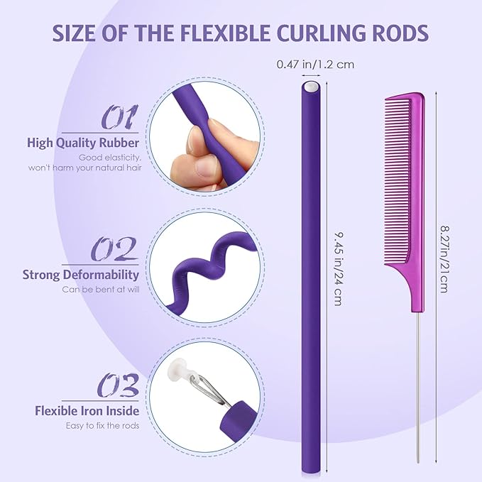 Syhood 30 Pcs Flexible Curling Rods 9.45 Twist Foam Rollers Soft Foam No Heat Hair Rods Rollers and 1 Steel Pintail Comb Rat Tail Comb for Women Long Short Hair(Purple,9.45 x 0.47 Inch)