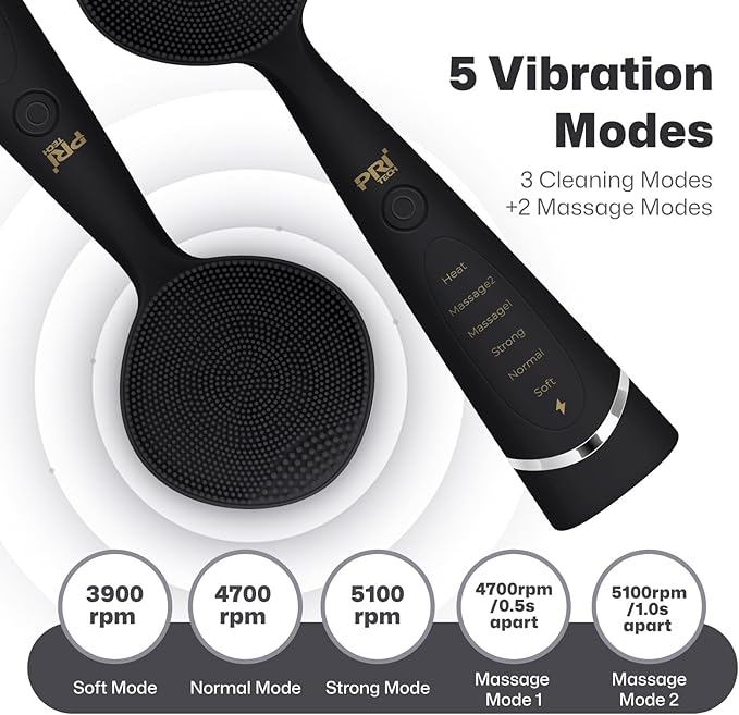 PRITECH Facial Cleansing Brush with 42° Constant‑Temperature Heating – Rechargeable Silicone Face Scrubber for Deep Pore Cleaning, Waterproof Vibrating Exfoliator for Women & Men (Black)