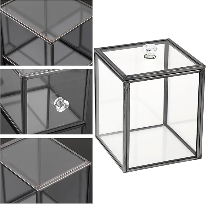 Hipiwe 2 Pack Glass Qtip Holder Dispenser With Lid Metal Bathroom Containers for Cotton Balls Makeup Sponges Bath Salts Candles Vanity Canisters Countertop Storage Organizer Jar, Black