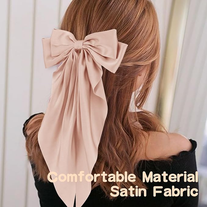 Hair Bows for Women, 6 PCS Silky Satin Hair Clips, Large Bow Hair Barrettes, Oversized Long Tail, Pink Color, Metal Bow Hair Clips, Aesthetic Hair Accessories