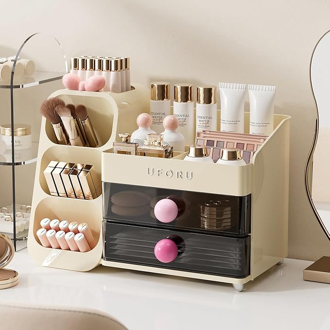 Makeup Organizer for Vanity with Brush Holder, Countertop Skincare Organizer with 2 Drawers, Spacious Cosmetic Display Case for Perfumes, Eyeshadow Palettes, Nail Polishes