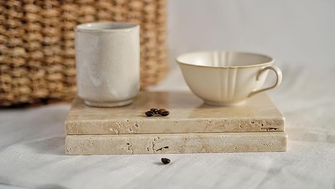Astavostone Travertine Tray, Cream White Natural Stone Decor Tray for Bathroom Vanity Rectangle Stone Board for Jewelry, Keys, Perfume Coffee Table Organizer (8.6" x 5.9" x 0.6")