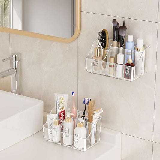 2-Pack Clear Wall-Mounted Toothbrush Holders for Bathroom Organizers and Storage, Tooth Brush & Toothpaste Holder for Countertop or Wall