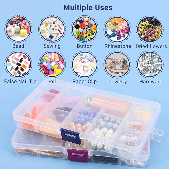 Bead Organizer Box, 2PCS 15 Compartment Craft Storage Container with Removable Divider, Plastic Empty Case for Jewelry Rhinestone Charms Crystal Press On Fake Nail, Hair Stuff Small Accessory