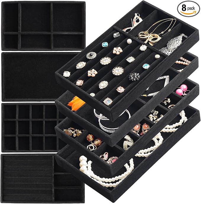 Jewelry Organizer Tray Set Of 8 Jewelry Trays For Drawers and Can Effectively Organize Jewelry Such As Rings, Earrings, Necklaces And Bracelets Jewelry Drawer Organizer (Black)