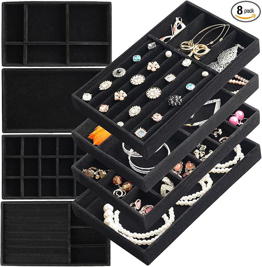 Jewelry Organizer Tray Set Of 8 Jewelry Trays For Drawers and Can Effectively Organize Jewelry Such As Rings, Earrings, Necklaces And Bracelets Jewelry Drawer Organizer (Black)