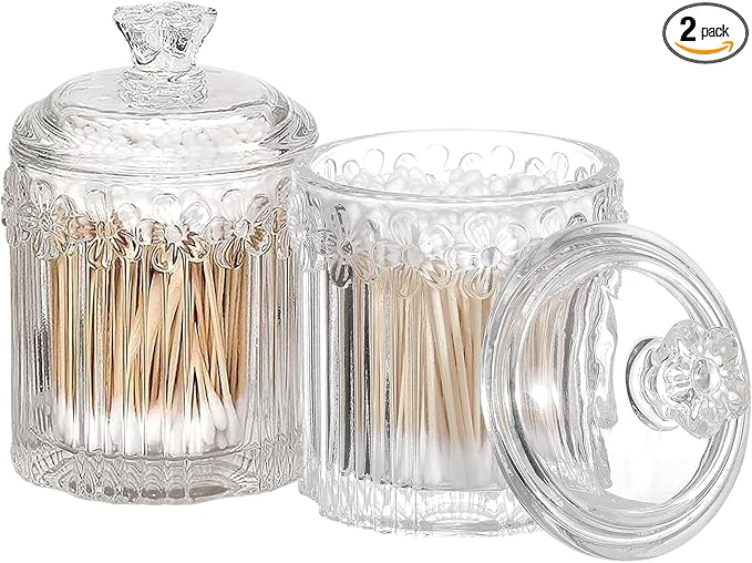 PENCK 2pcs Elegant Glass Qtip Holder Cute Apothecary Jars with Lid Stylish Hair Ties Candy Jar Bathroom Canister Essentials Accessories Decor Makeup Storage Organizer for Cotton Swabs, Balls (Clear)