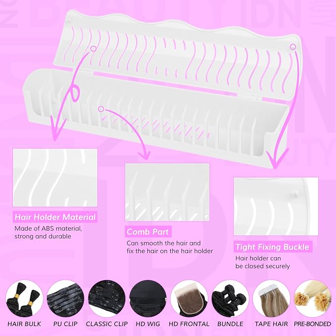 IDN BEAUTY Hair Extension Holder Stand for Styling, 4 Installation Modes With Tool, Hair Extension Holder Designed to Securely Hold Your Extensions for Washing, Styling, Packing and Storing (White)