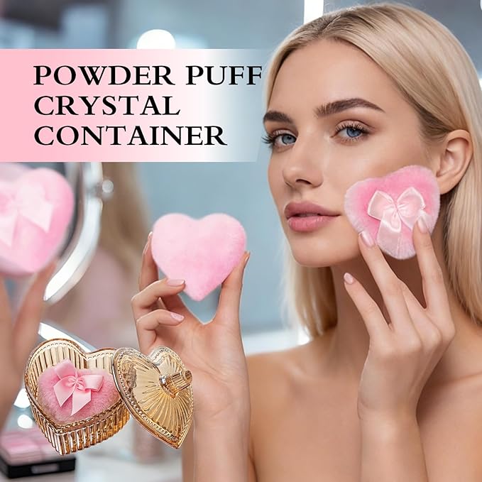 2 Pieces Large Body Powder Puff and Container - Dusting Powder Container with Puff, Crystal Case, Body Powder for Women Soft Washable Reusable Velour Face Body Glitter (Amber Love)
