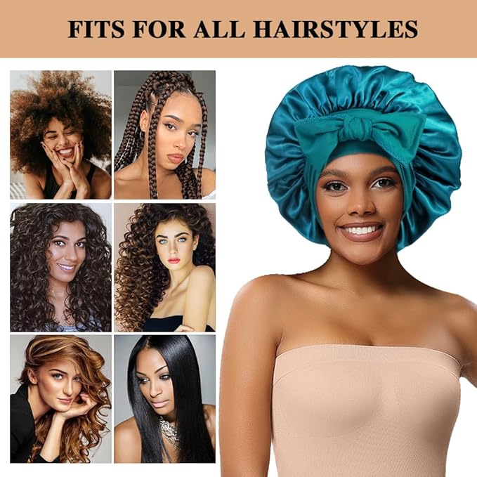 2+3 Large Satin Bonnets with Scrunchies for Women, Hair Bonnet Sleeping Tie Bonnet for Braids Curly Hair
