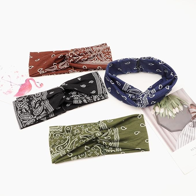 DRESHOW 4 Pack Boho Cotton Non-Slip Headbands for Women Girls Yoga Workout Running Knotted Turban Floral Elastic Head Wrap
