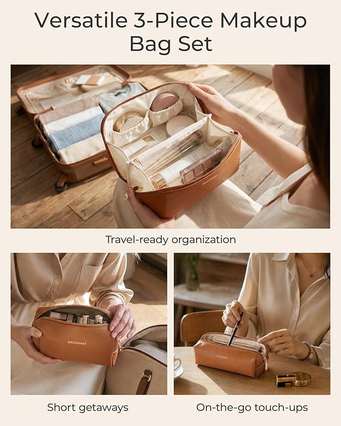 BAGSMART Makeup Bag Travel 3 Pcs Set Cosmetic Bag, Large Make Up Bag Flat Open Toiletry Bag for Women, PU Leather Travel Essentials Organizer Case, Wide-open Pouch for Skincare, Brushes,Sky Blue