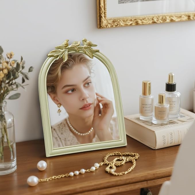 Cream Bird Bow Mirror - 13x10 Inch Perfect Elegant Decorative Accent, Wall-Mounted Tabletop Makeup Mirror for Nursery Baby Room Bedroom Decor
