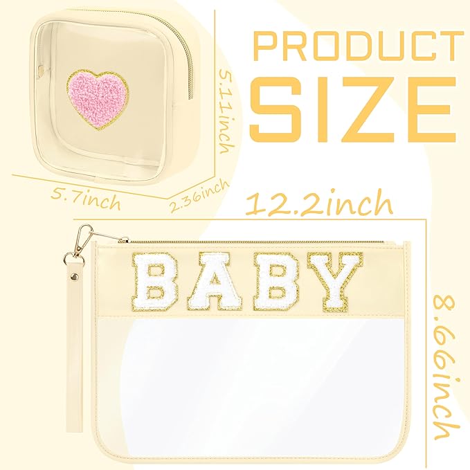 2 Pcs Preppy Patch Clear Baby Bag, Women Chenille Letter Makeup Cosmetic Bag for Travel, PVC Waterproof Organization Outdoor Zipper Pouch Toiletry Bag for Women Girl