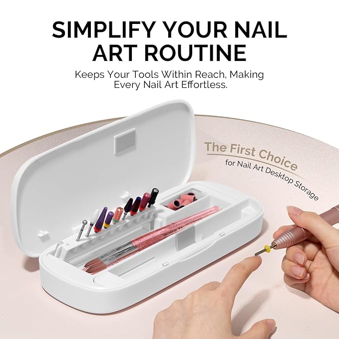 MelodySusie Acrylic Nail Tool Storage Box, Portable Dustproof Stand Displayer Holder Organizer Container Manicure Efile Accessories Nail Drill Kit Case, Travel Salon Home, White(Only Box)