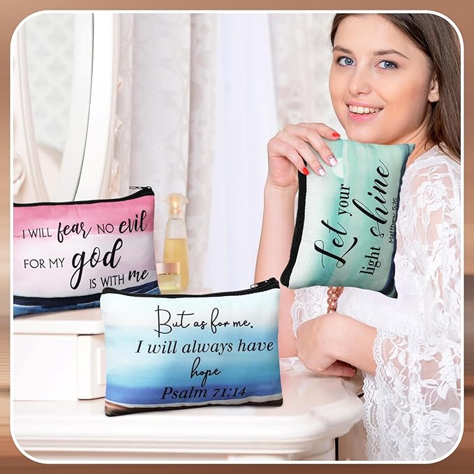 Pinkunn 16 Pcs Valentines Canvas Makeup Bags Bulk Inspirational Christian Women Religious Galentine Gifts Inspirational Bible Verse Pencil Pouch Makeup Bags with Zipper for Travel(Bible Landscape)