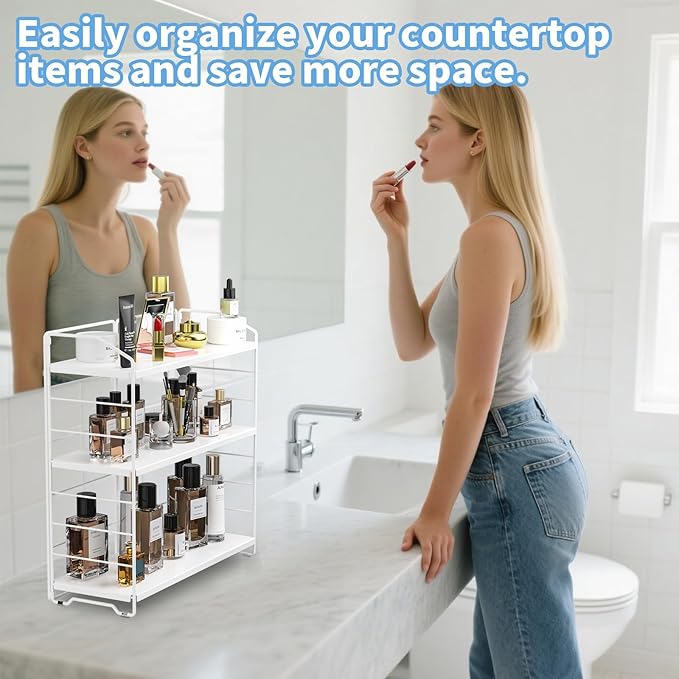Bathroom Counter Organizer, Makeup Organizer Countertop, Countertop Storage Shelf for Bathroom Storage, Vanity, Large Skincare, Perfume, White 3 Tier
