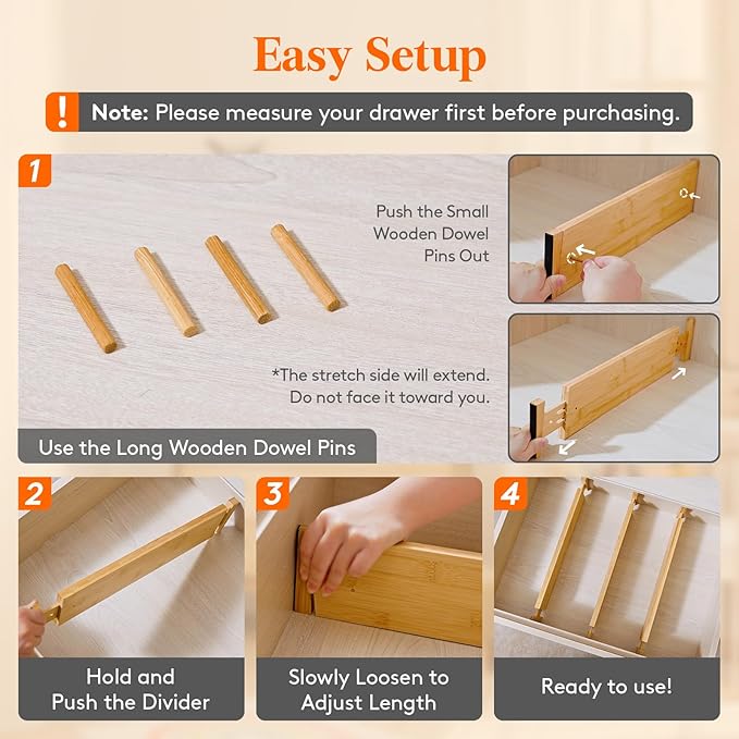 Lifewit 4 Pack 4" High Bamboo Drawer Dividers, 17-21.5" Adjustable Drawer Organizers for Clothes, Wood Dresser Drawer Divider, Expandable Deep Drawer Separators for Dresser, Kitchen, Bedroom, Bathroom
