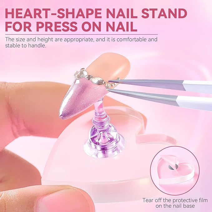 Nail Stand For Press On Acrylic Strong Magnetic Nail Holder Kit For Painting Nails Tip Arts Display With 200PCS Double-Sided Tape And 1 Heart Shaped Acrylic Magnetic Presson Stand (Clear And Purple, Medium)