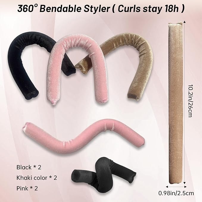 Heatless Hair Curler Overnight Curls, Heatless Curlers for Women, Soft Velvet Satin Flexi Rods Sleep for All Hair Types, No Heat Overnight Sleeping Curler Styling Tools (6 Pcs Mixed Color, 10 IN)