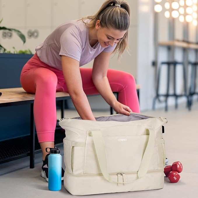 ETRONIK Gym Bag for Women, 45L Carry On Travel Duffel Bag with Shoes Compartment, Weekender Overnight Bag with Wet Pocket & USB Charging Port for Women, Travel, Gym, Weekend, Large Size (Beige)