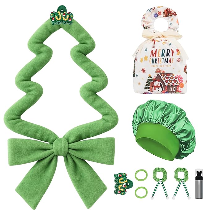10 PCS Christmas Heatless Curls Overnight Hair Curler, 70" Overnight Curls Hair Curlers to Sleep In with Bonnet for Women Long Hair Volume, Heatless Curling DIY Set - Green