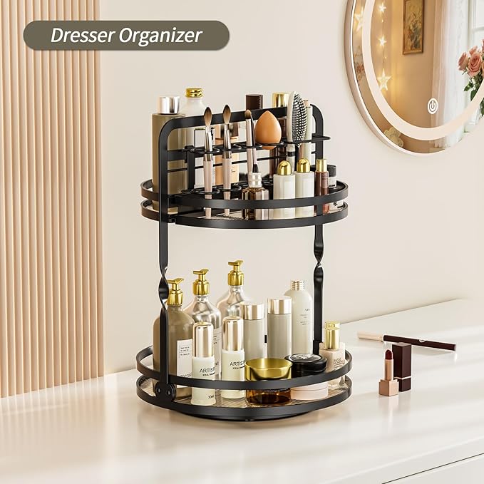 360° Rotating Makeup Organizer, 2-Tier Black Perfume Organizer for Dresser, Bathroom Organizers Countertop, Perfume Shelf with Makeup Brush Holder, Skincare Holder Cosmetic Display(Black)
