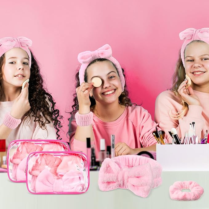 Hoteam 10 Pcs Galentine Spa Party Supplies Valentine Gift Set Sleepover Party Favor Spa Headband Wristband Sleep Eye Mask Velvet Scrunchies for Skin Care Makeup Slumber Night Favor(Pink)