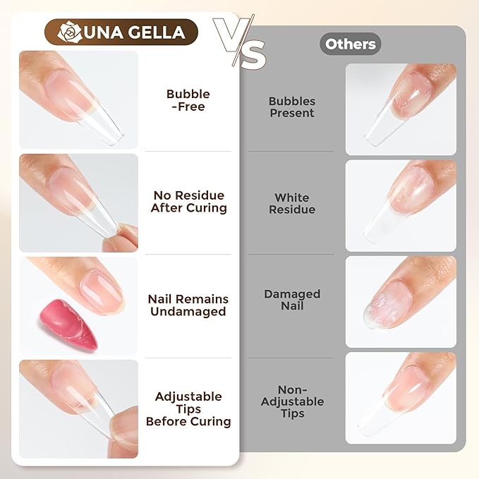 UNA GELLA 9 in 1 Gel Nail Glue for Clear Acrylic Nails Tips 2Pcs 10ml Long Lasting Super Strong Brush on Nail Gel Glue for False Press on Nails Tips Base Blooming Gel, U V Light Required