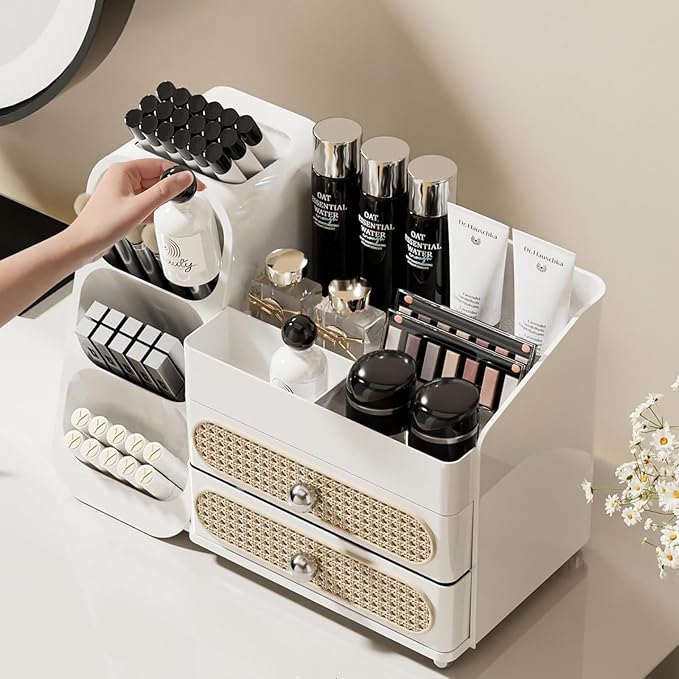 Makeup Organizer with Drawers for Vanity,Spacious Cosmetic Display Case,Perfect Storage Solution for Your Beauty Essential (All White)
