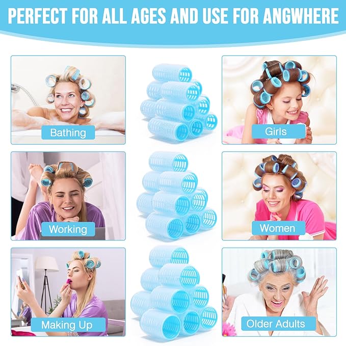 Heatless SelfGrip Hair Rollers Kit, 3 Sizes (0.79",1.18",1.57") for Short/Medium Hair | 36 Rollers +12 Clips +1 Comb | No Heat Curlers for Overnight Waves,Travel & Damage-Free Styling. (Blue, Medium)
