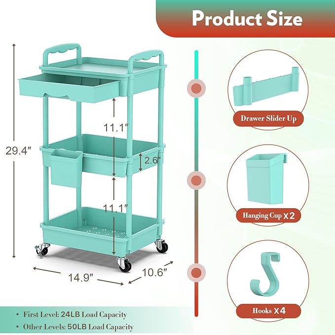 Makeup Cart Organizer with Drawers, Floor Skincare Organizers Vanity Storage Organizer, Rolling Makeup Bathroom Storage Cart Cosmetics Display Cases for Skin Care Perfume Nail Polish, Blue