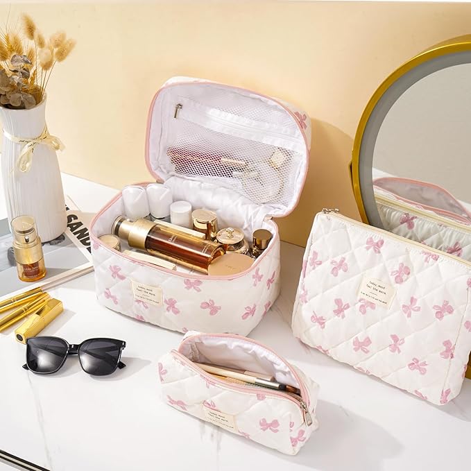 Makeup Bag for Women 3PCS Quilted Cotton Make Up Bag Travel Cosmetic Bag Large Makeup Bag Set Cute Bow Makeups Purse Organizer Floral Toiletry Pouch
