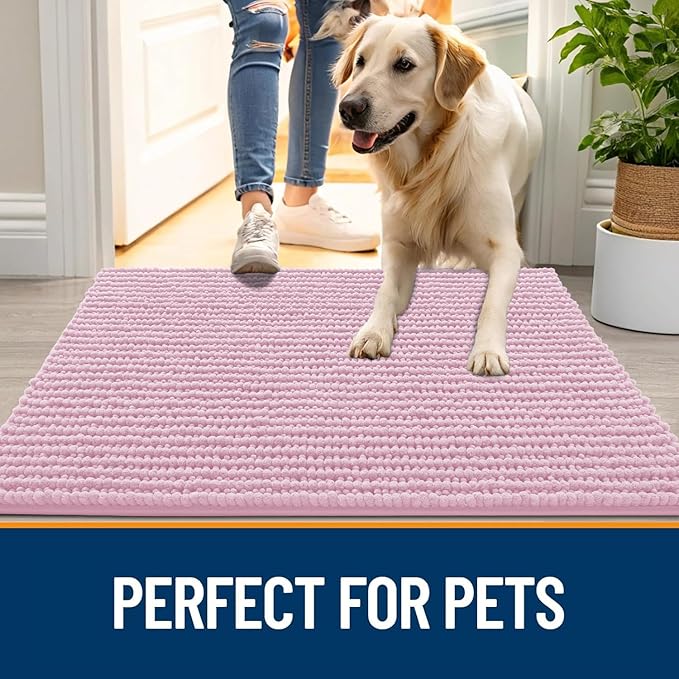 OLANLY Dog Door Mat for Muddy Paws 59x20, Ultra Absorbent Chenille Mud Doormat, Non-Slip Washable and Dirt Trapping Doormat for Indoor Entryway, Quick-Dry Indoor Pet Bed Mats for Dogs, Dusty Rose