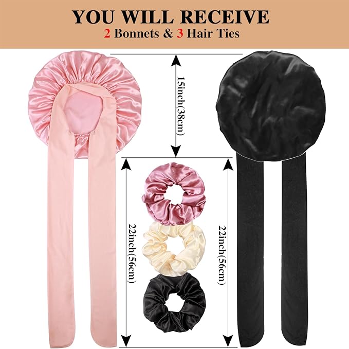 2+3 Large Satin Bonnets with Scrunchies for Women, Hair Bonnet Sleeping Tie Bonnet for Braids Curly Hair