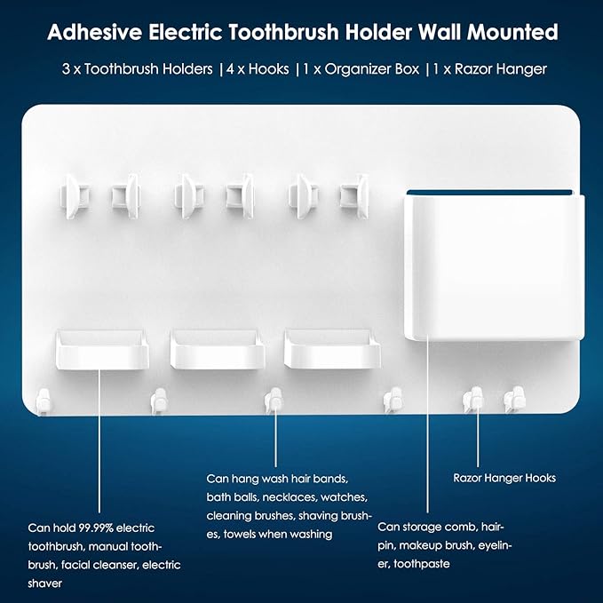 simpletome Adhesive Electric Toothbrush Holder Wall Mounted Razor Hanger Bathroom Organizer Box ABS (White)