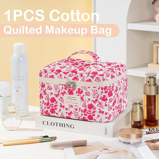 Makeup Bag for Women Quilted Corduroy Make Up Bag Travel Cosmetic Bag Large Makeup Bag Cute Makeup Bags Organizer Floral Toiletry Bag Makeup Pouch for Purse, Rose Floral-1PCS