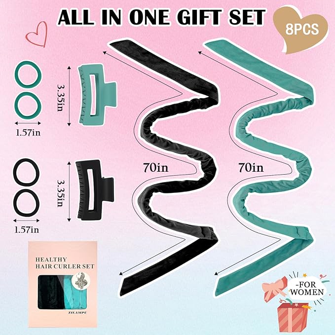 ZILAMPU Hairband, 70 inches, 8 PCS No Heat Curling Rod Headband for Women Girls Long Wave Curl Hair Rollers, Includes Soft Hair Curler, Hair Clip, Elastic Hair Ties, Gifts Set