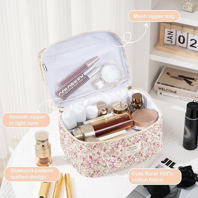 Makeup Bag for Women 3PCS Quilted Cotton Make Up Bag Travel Cosmetic Bag Large Makeup Bag Set Cute Makeups Organizer Floral Toiletry Pouch for Purse, Spring Meadow