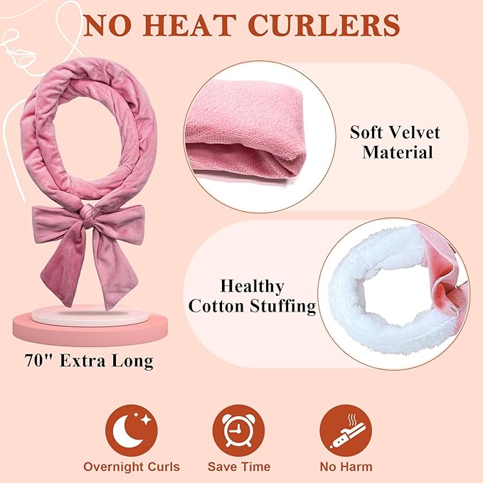 weiwei Heatless Overnight Curling Headband, 70" Soft Hair Rollers to Sleep In, Long Wave Hair Wrap for Women, 9PCS Curling Rod Gift Set (Pink)