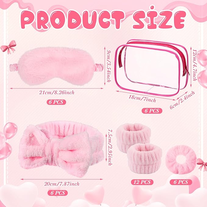 Hoteam 30 Pcs Sleepover Party Supplies Valentine Galentine Gift 6 Pink Spa Headband 6 Pink Plush Sleep Eye Mask 6 Velvet Scrunchies 6 Wristband 6 Clear Cosmetic Bags for Slumber Spa Party Favor