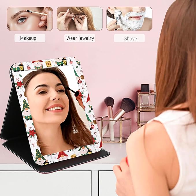 Folding Mirror Portable, Travel Makeup Compact Personal Hand Mirror PU Portable Adjustable Rectangular Ultrathin Vanity Desk Mirror with Stand, for Travel, Camping, Home (Santa Claus Design)