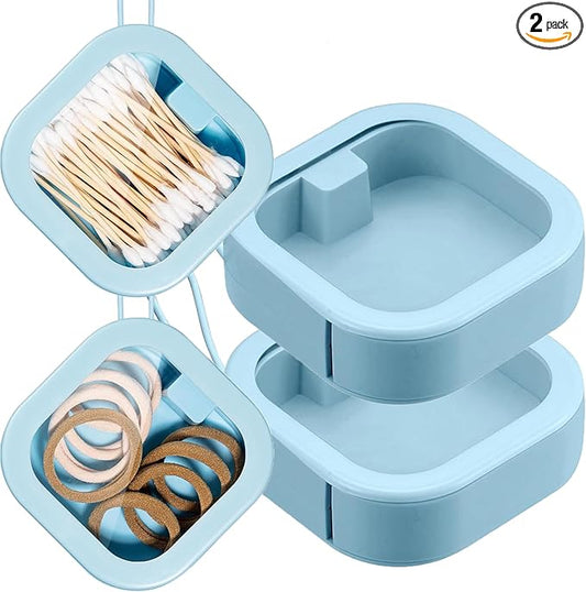 2pcs Hair Tie Organizer,Portable Travel Qtip Holder,Bathroom Storage Organizer Qtip Dispenser Cotton Swabs Dispenser Kids Hair Accessory Box with Lid for Bathroom,Desktop Organizer(2PCS,Blue)