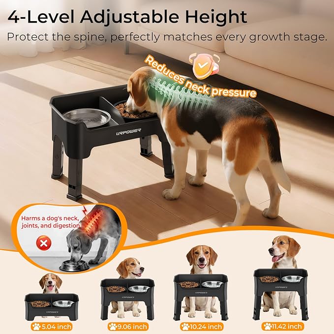 URPOWER Mess Proof Slow Feeder Dog Bowls 4 Height Adjustable Elevated Bowl Stand with Stainless Steel Water Bowl and Slow Feeder Non-Slip Dog Food Bowls Stand for Small & Medium Dogs