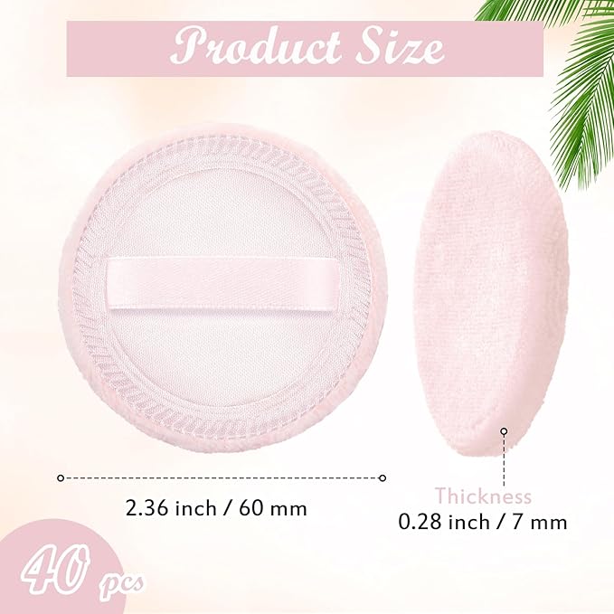 40 Pcs Cotton Powder Puffs Bulk Washable, 2.36 Inch Round Makeup Dusting Puff with Ribbon for Loose and Pressed Powder Face Body Cosmetic, Pink