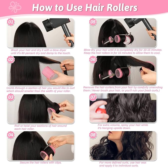 50 Pcs Rollers Hair Curlers Set with 24Pcs Self Grip Hair Rollers 4 Sizes and 24 Pcs Clips for Blowout Look Long Medium Short Thick Hair Volume