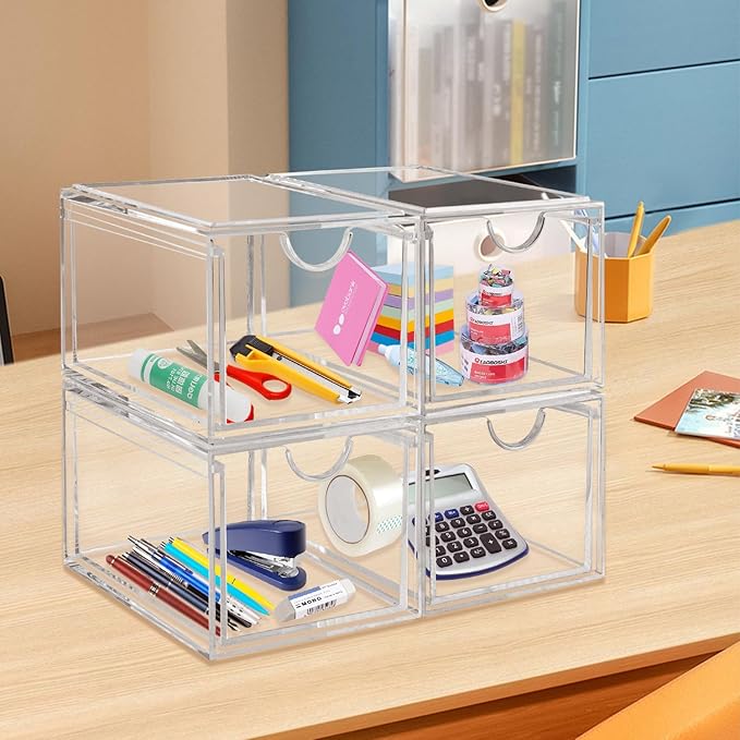 2 Pack Clear Stackable Storage Drawer, Bathroom Makeup Organizer, Plastic Storage Bins, Acrylic Organization and Storage for Vanity, Kitchen Cabinets, Pantry, Undersink