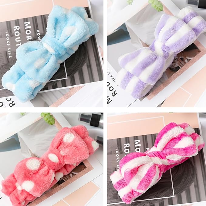 12pcs Spa Headband Soft Bowknot Spa Hair Band Coral Fleece Headband Makeup Headbands for Face Washing Skin Care Shower Yoga Headwraps for Women Girls (Pattern E)
