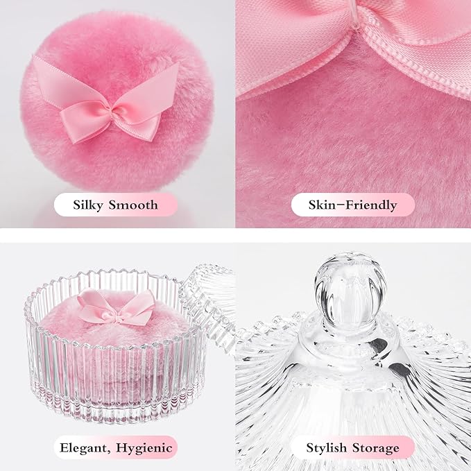 2 Pieces Large Body Powder Puff and Container - Dusting Powder Container with Puff, Crystal Case, Body Powder Puff for Women Soft Washable Reusable Velour Glitter Wet Dry Makeup