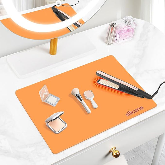 Silicone Makeup Mat for Vanity, 15.7" x 11.8" Heat Resistant Vanity Mat, Easy to Clean & Waterproof, Portable Makeup Accessories for Use While Traveling (Orange)